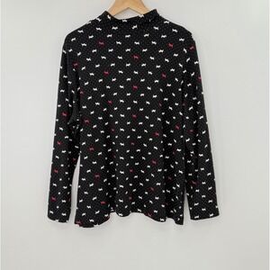 Croft‎ & Barrow Plus Size Top Black White Red Scottie Dog Print Mock Neck 1x